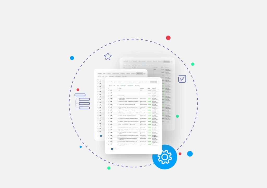 Medialem marketplace admin interface: listing, user and order tables
