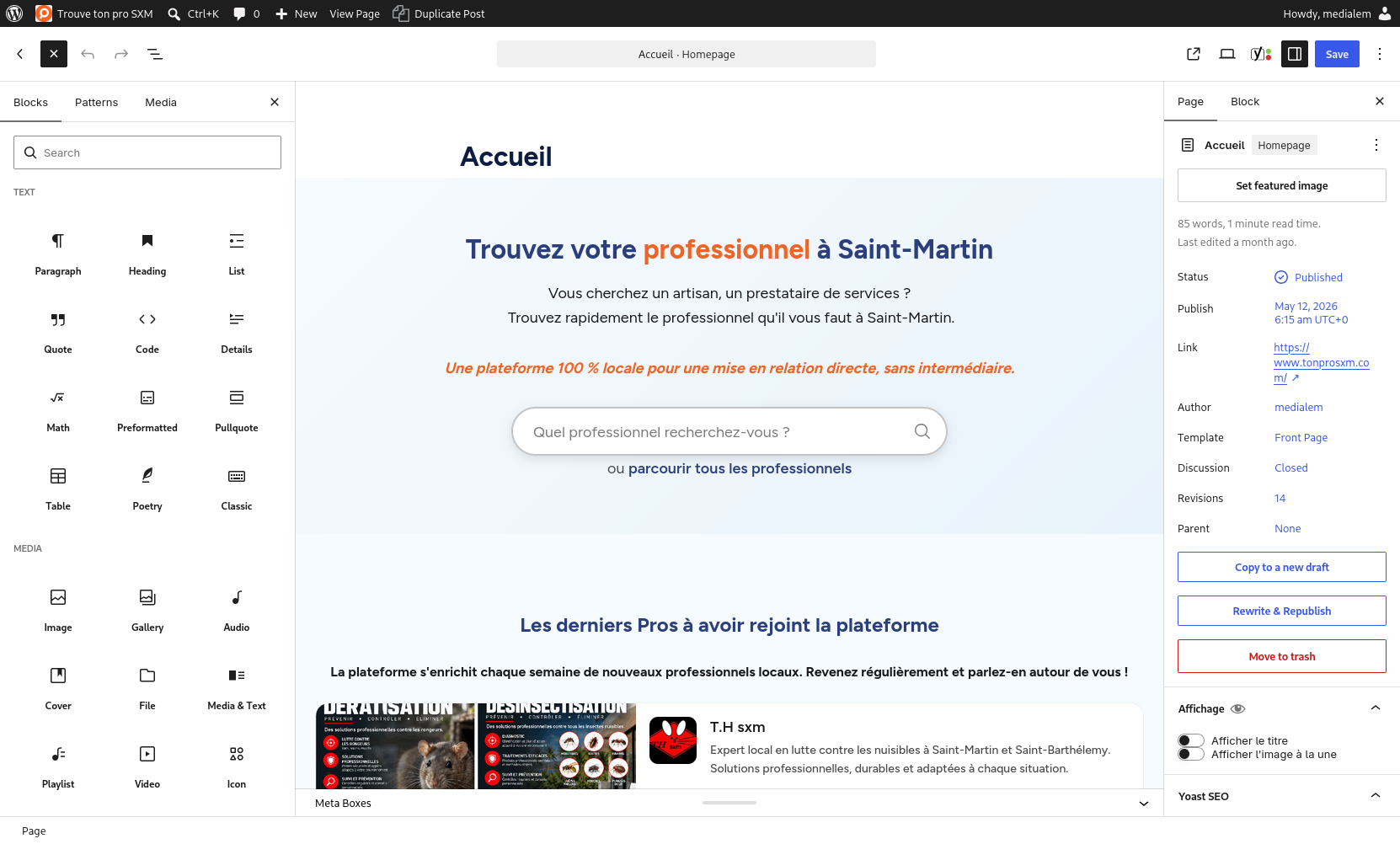 The WordPress block editor open on the home page of a showcase site — Medialem marketplace solution
